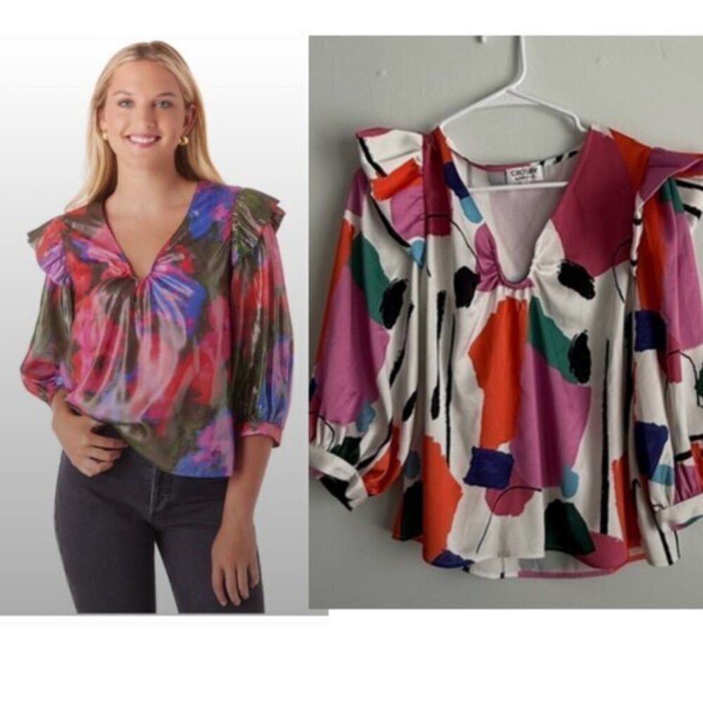Crosby by Mollie Burch Blouse Anya Top V Neck Ruffle in Geometric Print